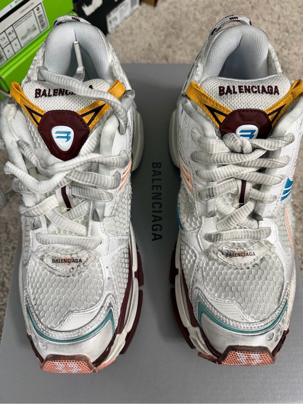 Balenciaga White Mesh Sneakers with Teal, Peach & Maroon Accents